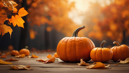 Wall Mural - Autumnal still life with three pumpkins and scattered leaves on wooden surface