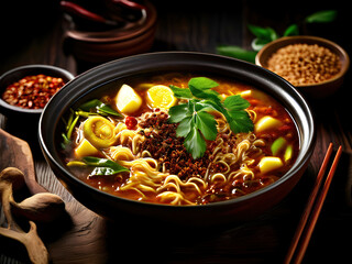 Delicious curry mee in a plate on a wooden table