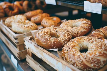 Sticker - Freshly baked sesame seed bagels resting in a bakery display case, making mouths water