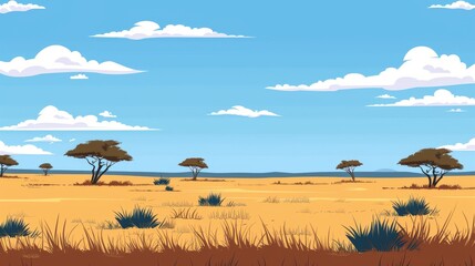 an african savanna landscape is illustrated cartoon-style.