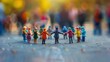 © Hafiz - Miniature diverse figures holding hands in a circle resembling unity and cooperation, with a copy space in the center or background