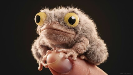 Poster - A small fluffy frog with big eyes sitting on a finger, AI