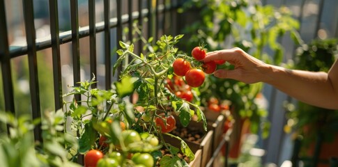 Wall Mural - A woman's hands picking tomatoes from a balcony garden