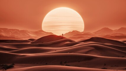 Poster - A person standing on top of a desert with the sun setting behind him, AI