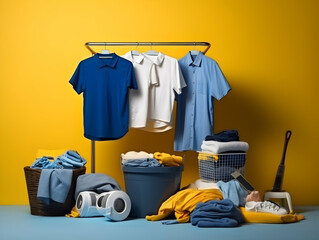 Laundry service, Ironing on clothes, hygiene and cleaning clothes on washing machine, Housekeeping lifestyle, housework concept, Laundry and dry cleaning business