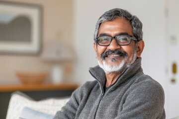Wall Mural - Portrait of a satisfied indian man in his 70s wearing a thermal fleece pullover isolated on scandinavian-style interior background