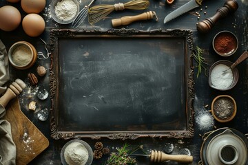 Wall Mural - Rustic culinary kitchen background with a vintage wooden frame chalkboard. Top view of baking ingredients. Utensils. And empty space for recipe and menu photography styling