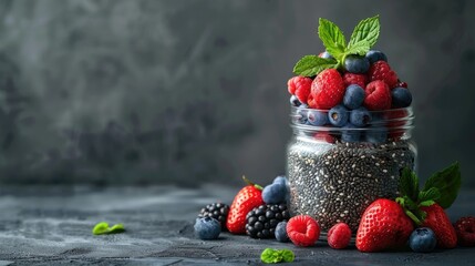 Canvas Print - Chia seed pudding with berries in jar Superfoods theme with blank area