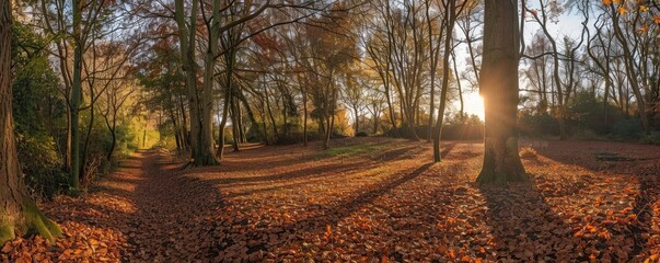 Wall Mural - Sunlit autumn forest path covered in fallen leaves. Tranquil nature scene with tall trees casting long shadows at sunset.