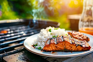 Wall Mural - grilled salmon on a plate with rice and sauce.