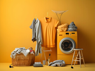 Laundry service, Ironing on clothes, hygiene and cleaning clothes on washing machine, Housekeeping lifestyle, housework concept, Laundry and dry cleaning business