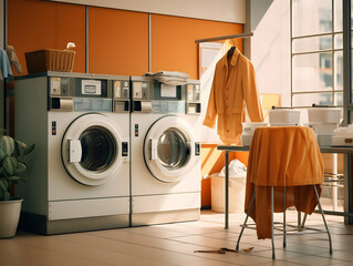 Laundry service, Ironing on clothes, hygiene and cleaning clothes on washing machine, Housekeeping lifestyle, housework concept, Laundry and dry cleaning business