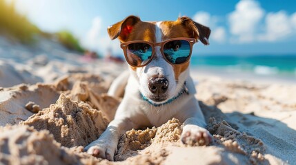 Sticker - Dog in Sunglasses Relaxing on Beach