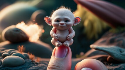 Canvas Print - A small baby troll sitting on a finger of an adult, AI