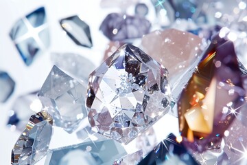 Wall Mural - Close up shot of various shaped crystals falling gracefully, set on a pristine white background, emphasizing the clarity and sparkle of each crystal.