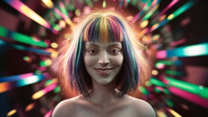 Poster - A woman with colorful hair smiling in front of a bright light, AI