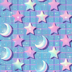 Sticker - **lofi vaporwave star and moon repeating tiled wallpaper --