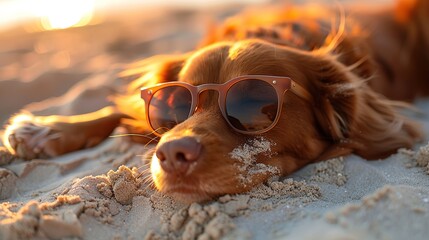 Poster - Dog Relaxing on the Beach with Sunglasses