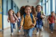 © RichWolf - Children running in school hallway with backpacks, embodying childhood joy and friendship