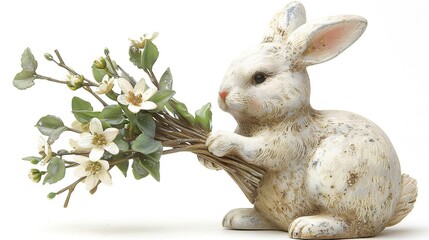 Wall Mural - White Bunny Holding Flowers