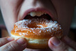 © Denis - Fat obese man open mouth close up detail eating bitting into sweet unhealthy donut, obesity, weight loss and nutrition concept background.