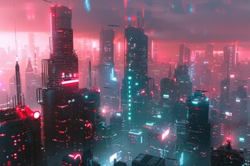 Poster - Neon, skyscrapers, and other elements of a fantasy cyber city. 3D illustration of an asian cyberpunk city at night.