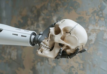 Wall Mural - A robotic arm held by an stock concept is holding a human skull.