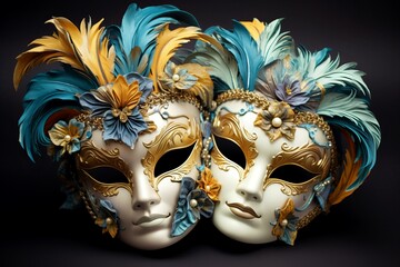 Two ornate venetian masks adorned with gold detailing and feather decorations, against a dark backdrop