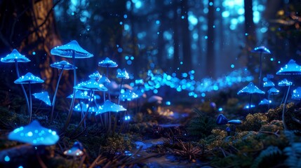 Wall Mural - Mystical Forest with Glowing Bioluminescent Mushrooms Creating an Otherworldly Atmosphere