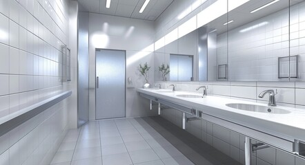 Wall Mural - Office Bathroom. Modern White Three-Dimensional Rendering of Public Restroom