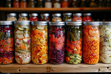 Wall Mural - Homemade pickled vegetables in the glass jars, autumn seasonal preserved food concept