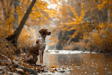 Dog Pointer. German Shorthaired Pointer Hunting in Fall by River