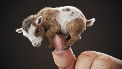 Poster - A miniature goat is sitting on a finger of someone's hand, AI