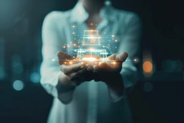 Aufkleber - Person holding holographic digital interface, representing futuristic technology and innovation in a dark background. Selective focus.