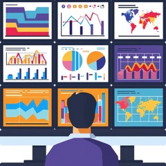 Leinwandbilder - Person analyzing various data charts on multiple screens, displaying graphs, maps, and statistics, representing data analytics.