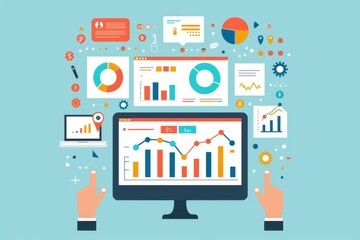 Aufkleber - Illustration of digital data analysis with graphs and charts on multiple screens, showcasing business analytics and performance metrics.
