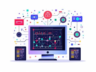 Poster - Illustration of data analytics concept with a computer screen displaying graphs and charts surrounded by various symbolic icons and elements.