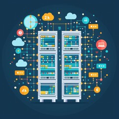 Fototapete - Illustration of data servers connected to cloud computing and network infrastructure, representing modern digital technology and data management.