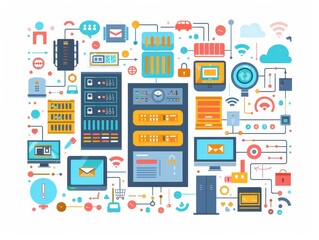 Aufkleber - Illustration of computer network server data center with various devices, cloud computing icons, and technology symbols.