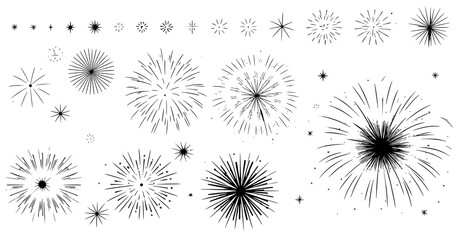 Set of black and white fireworks or starbursts illustration, generative ai