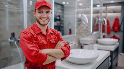 Wall Mural - The plumber in red uniform