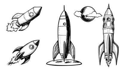 Wall Mural - Set of rockets sketch illustration in black white,  generative ai