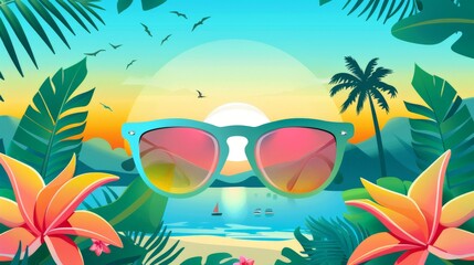 The summer theme of the poster. Illustration of sunglasses, resort and landscape on the background.