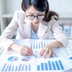 Poster - Focused businesswoman analyzes financial charts and graphs at her desk, working on financial reports in a modern office setting.