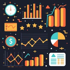 Poster - Colorful infographic elements including bar charts, pie charts, and data visualizations on a dark background, ideal for financial presentations.