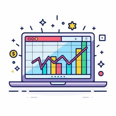 Poster - Colorful graph on a laptop screen showing rising statistics and data analysis in a modern flat design style.