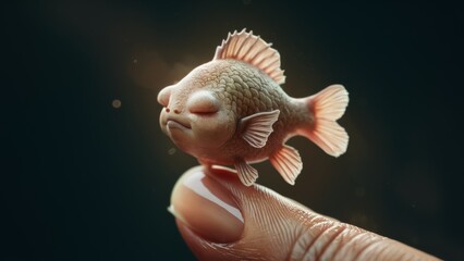 Sticker - A small fish is sitting on a finger with its eyes closed, AI