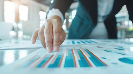 Poster - Close-up of a business professional analyzing financial charts and graphs in a modern office setting with natural light.