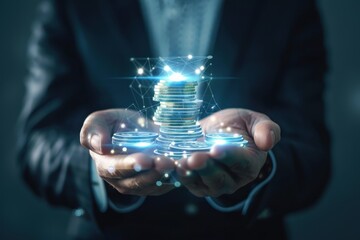 Aufkleber - Businessman holding stack of digital coins, representing cryptocurrency and financial technology innovation.