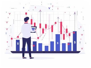 Poster - Businessman analyzing financial data on a digital screen with graphs, charts, and rising stocks, indicating market trends and growth.